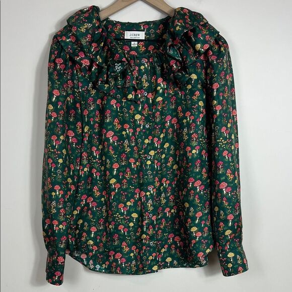 J. Crew Womens 100% Silk Blouse Mushroom Ruffle Collar Preppy Size Medium - Picture 1 of 10